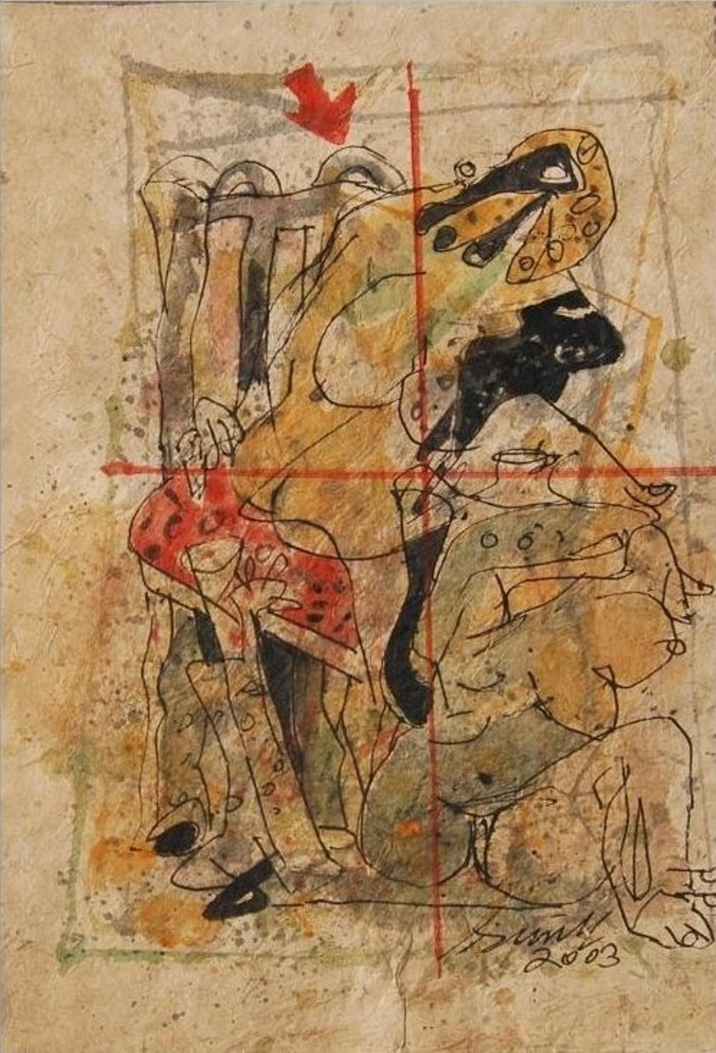 Sunil Das - Farbbasierte Zeichnungen, 
13 x 9,5 Zoll (ungerahmte Größen)
Acryl, Aquarell, Feder und Tinte auf handgeschöpftem Papier, 2003
( Ungerahmt & Geliefert )

Sunil Das (1939-2015) war ein moderner indischer Meisterkünstler aus Bengalen.