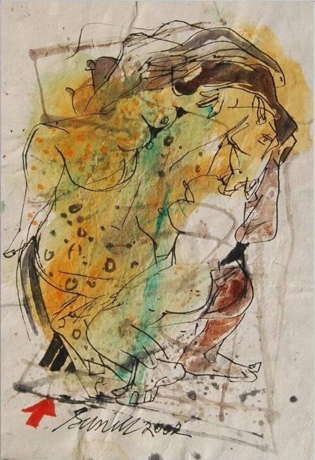 Sunil Das - Farbbasierte Zeichnungen, 
13 x 9,5 Zoll Ungerahmte Formate
Acryl, Aquarell, Feder und Tinte auf handgeschöpftem Papier, 2002
( Ungerahmt & Geliefert )

Sunil Das (1939-2015) war ein moderner indischer Meisterkünstler aus Bengalen. Sunil