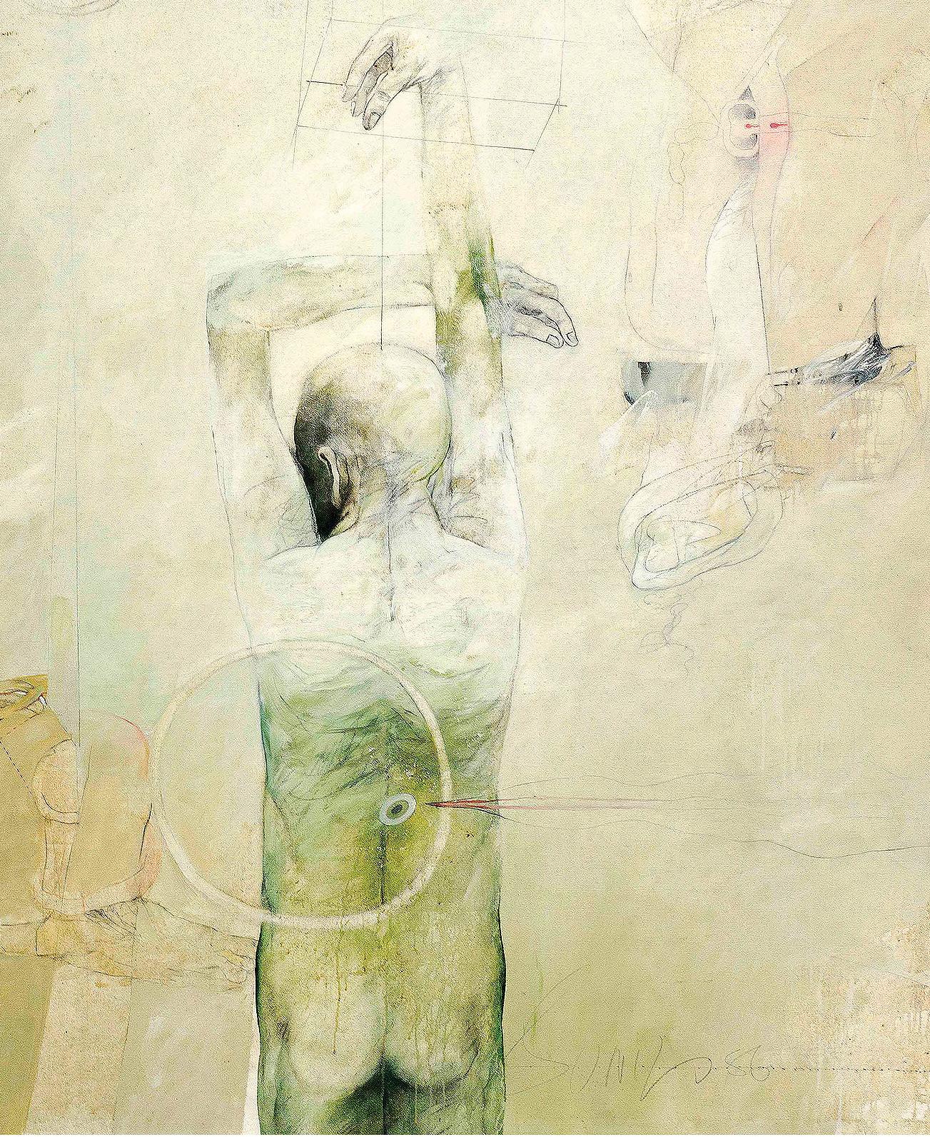 Confrontation Series, Oil on Canvas, Nude, Green by Indian Artist 