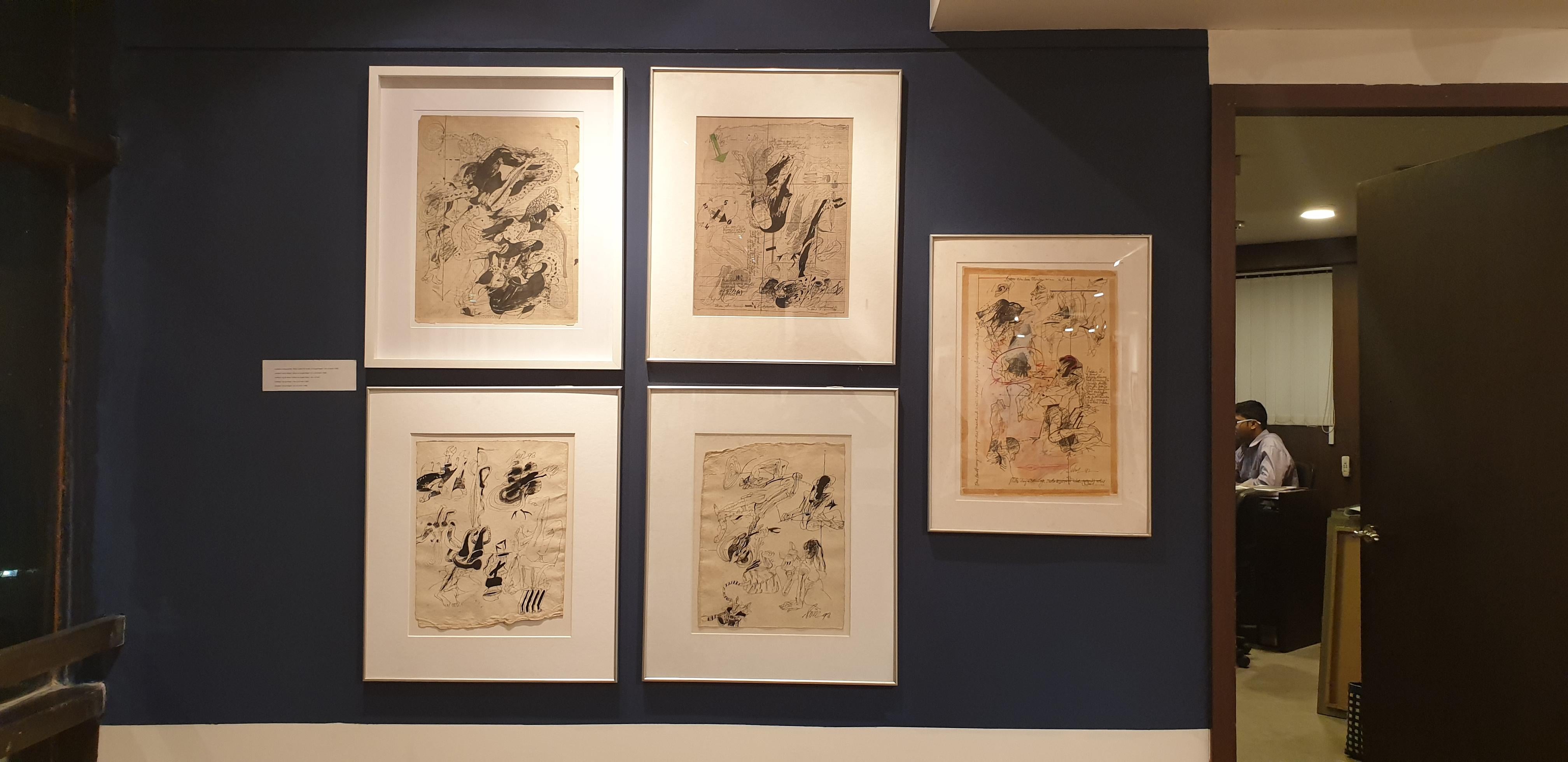 Disegni, inchiostro su carta spessa, nero, bianco di un artista indiano moderno 