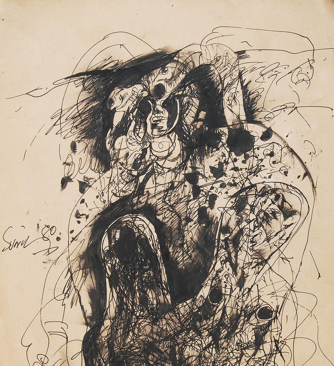 Sunil Das - Untitled - 13.5 x 10.5 inches (unframed size)
Jottings, Pen & Ink on Paper
Inclusive of shipment in ready to hang form.

Sunil Das (1939-2015) was a Master Modern Indian Artist from Bengal. Extremely successful right from his college