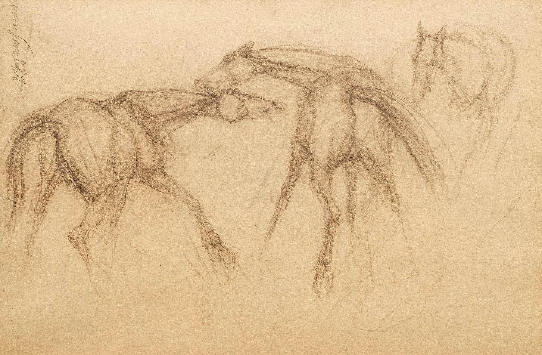 Early Horses I, Conte on Paper by PadmaShree Artist Sunil Das "In Stock"