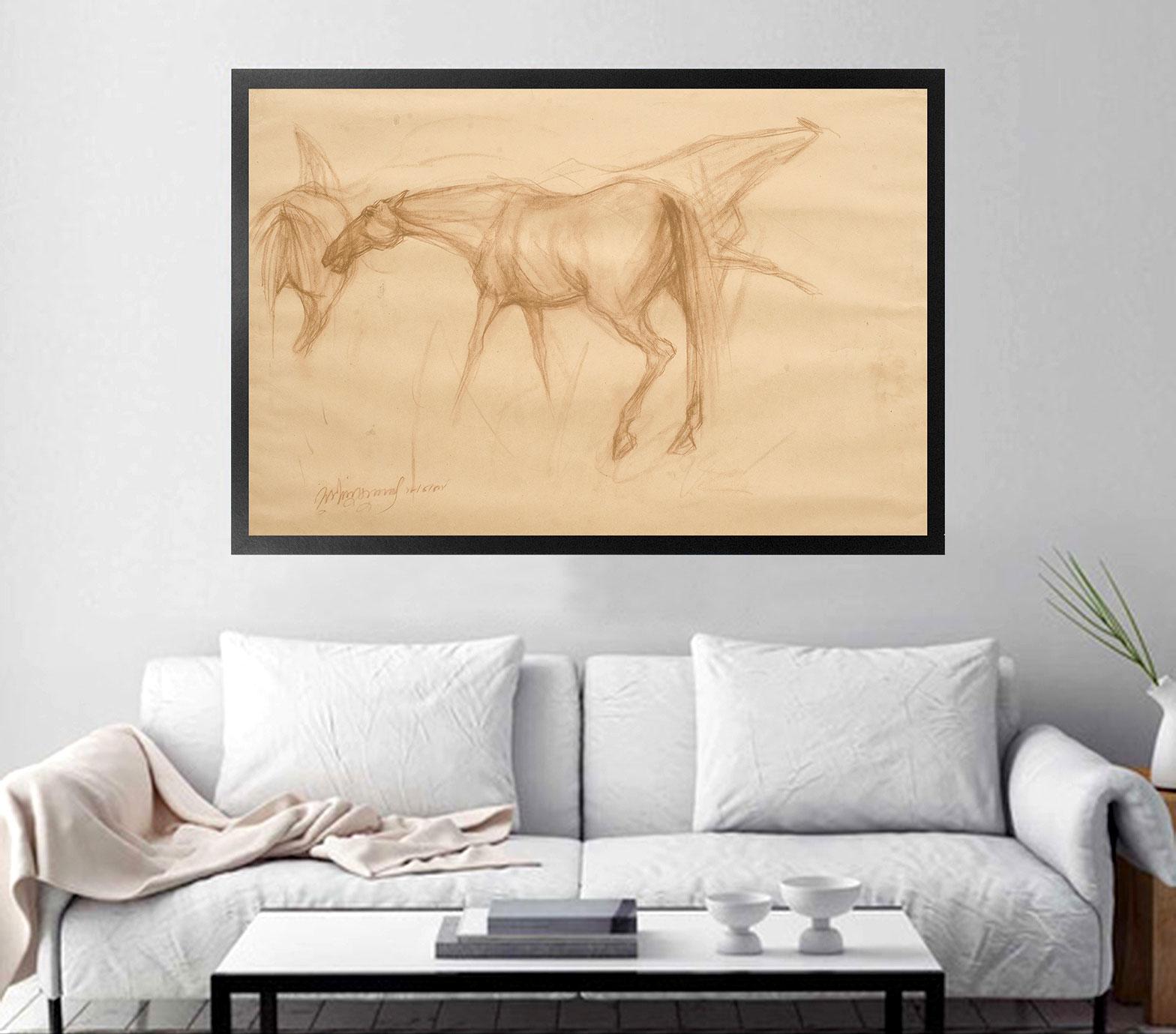 Early Horses II, Drawing, Conte on Paper, Brown by Modern IndianArtist