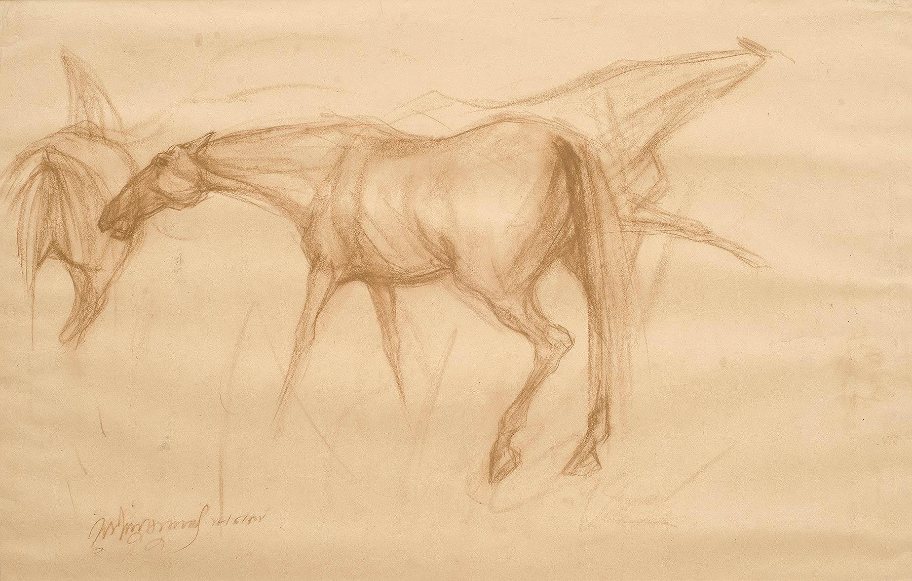 Frühe Pferde II, Zeichnung, Conte auf Papier, Braun von Modern IndianArtist""Auf Lager""