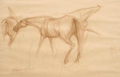 Early Horses II, Drawing, Conte on Paper, Brown by Modern IndianArtist"In Stock"