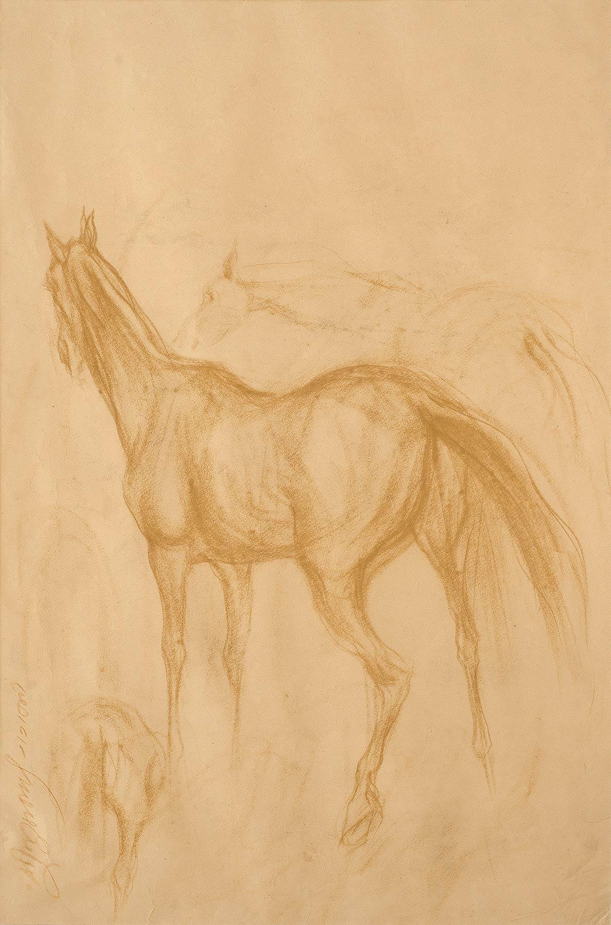 Sunil Das Animal Art - Early Horses III, Drawing, Brown, Conte on Paper by Indian Artist "In Stock"