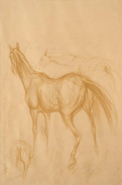 Vintage Early Horses III, Drawing, Brown, Conte on Paper by Indian Artist "In Stock"