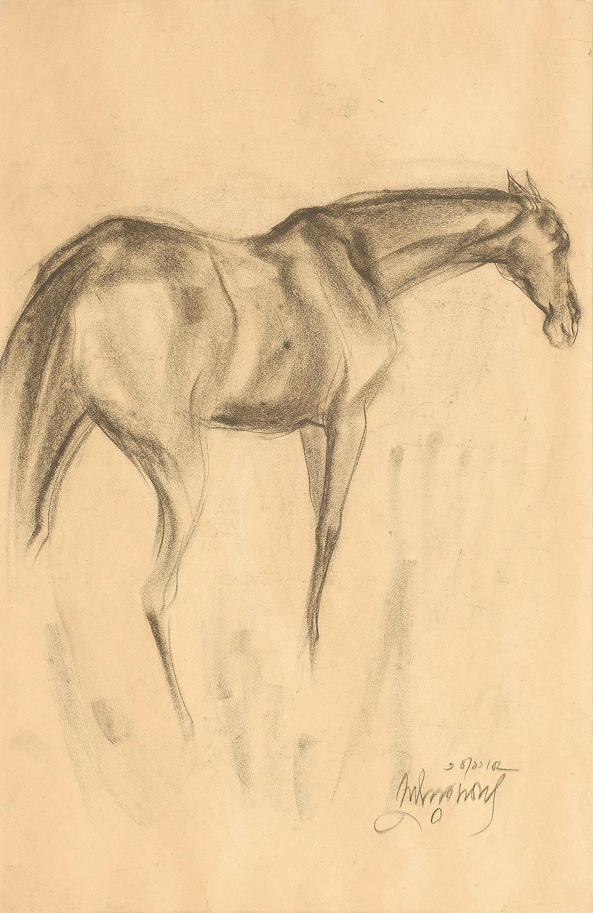 Early Horses IV, Drawing, Charcoal on Paper, Black by Sunil Das "In Stock"