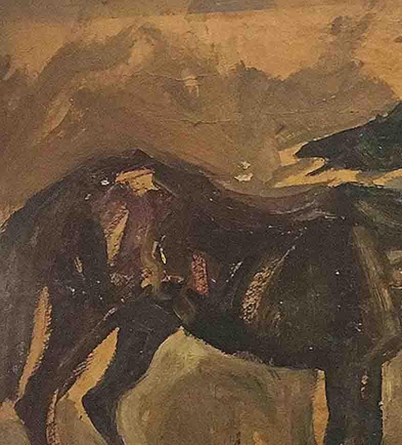 Early Horses, Oil on Board, Brown, Green, Black by Padma Shree Artist 