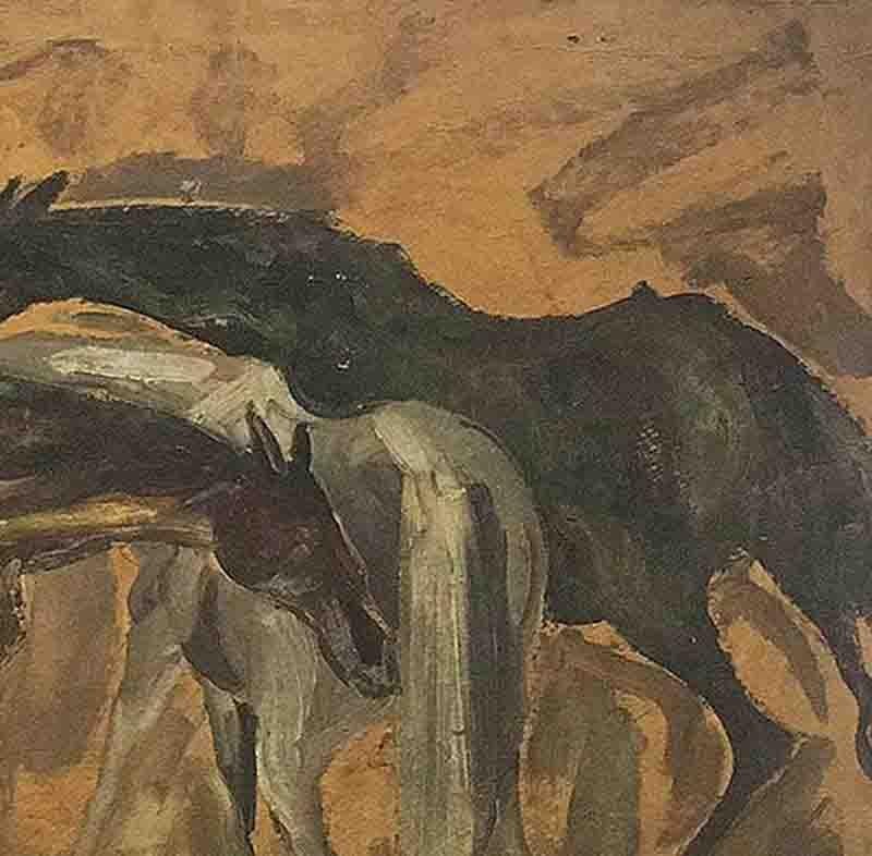 Cavalli primitivi, Olio su tavola, Marrone, Verde, Nero dell'artista Padma Shree 