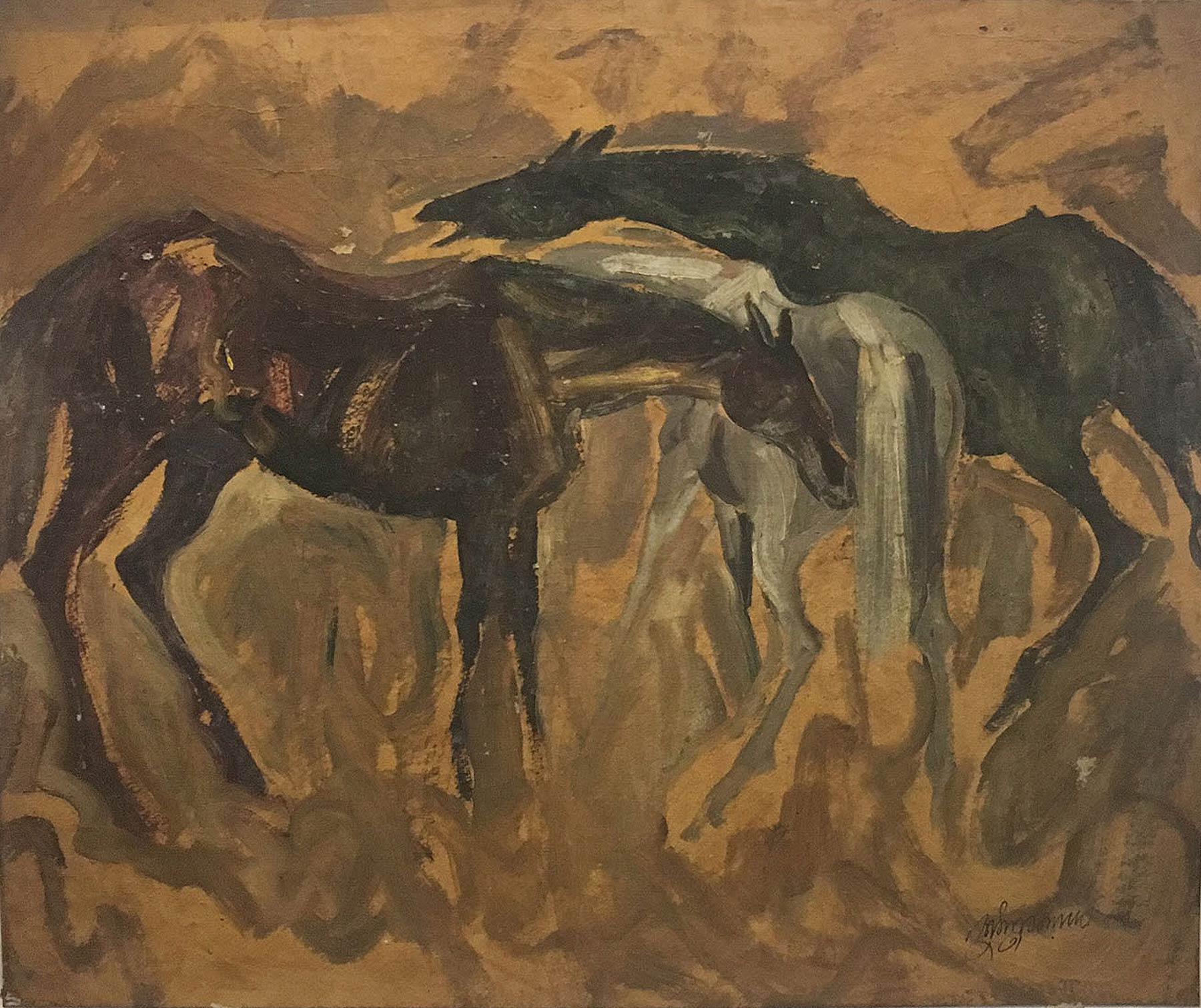 Sunil Das Animal Painting - Early Horses, Oil on Board, Brown, Green, Black by Padma Shree Artist "In Stock"