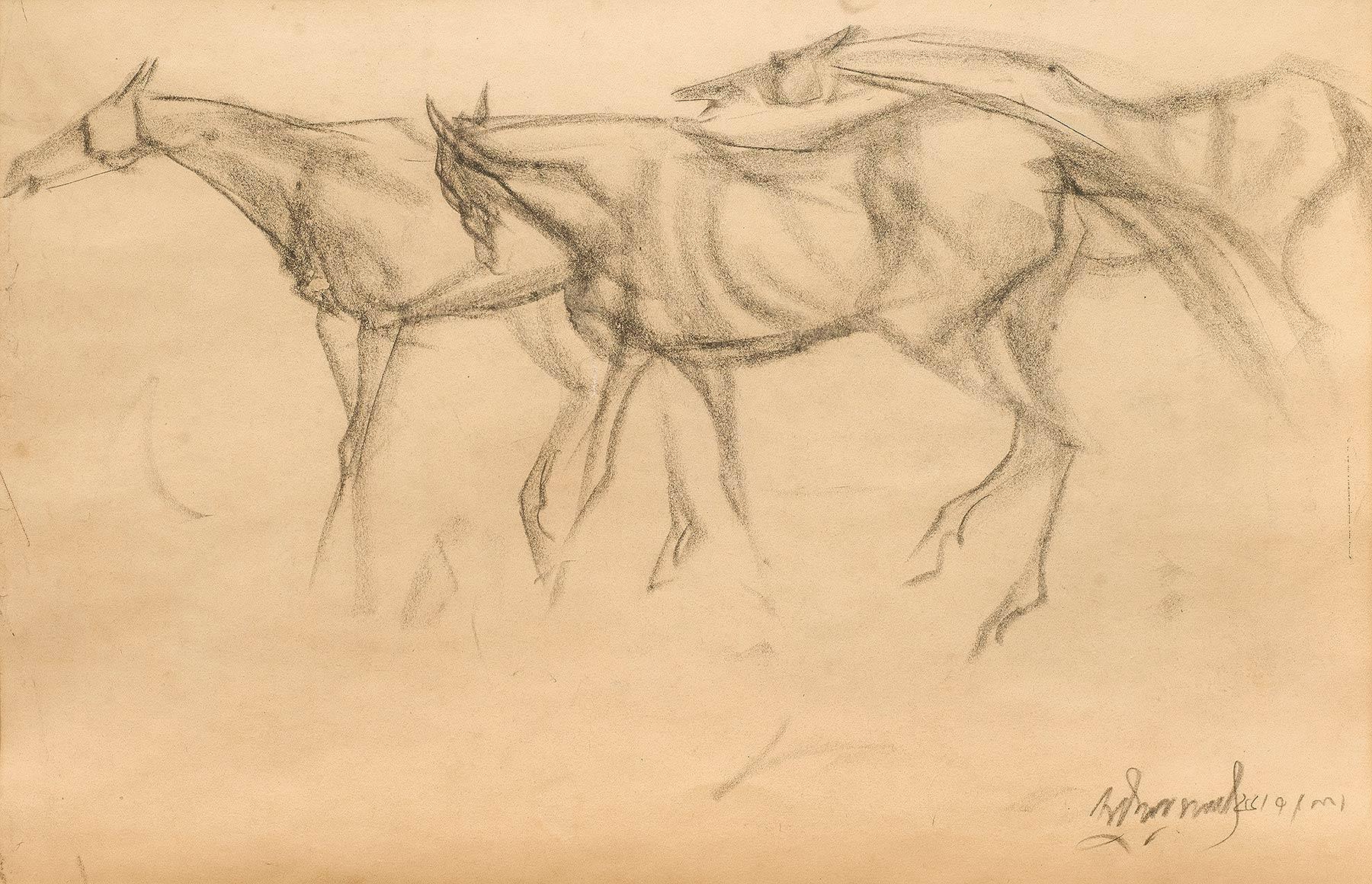 Sunil Das Animal Painting – Frhe Pferde VII, Zeichnung, Holzkohle auf Papier, Schwarz von dem indischen Knstler In Stock