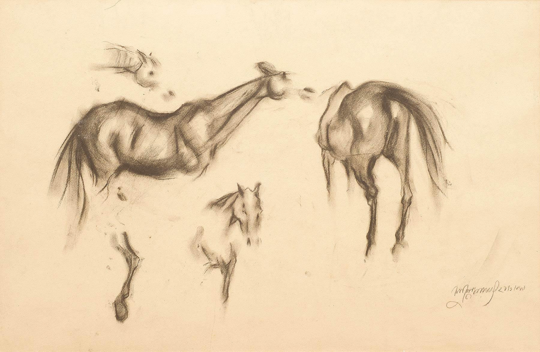 Early Horses VIII, Charcoal on Paper, Drawing, Black by Sunil Das "In Stock"