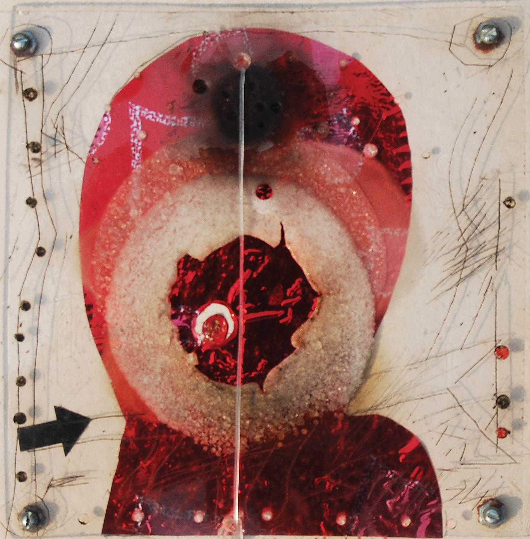 Sunil Das Figurative Painting - Head, Acrylic Foil Burn, Metal Screens, Wire on Board, Red, Black "In Stock"