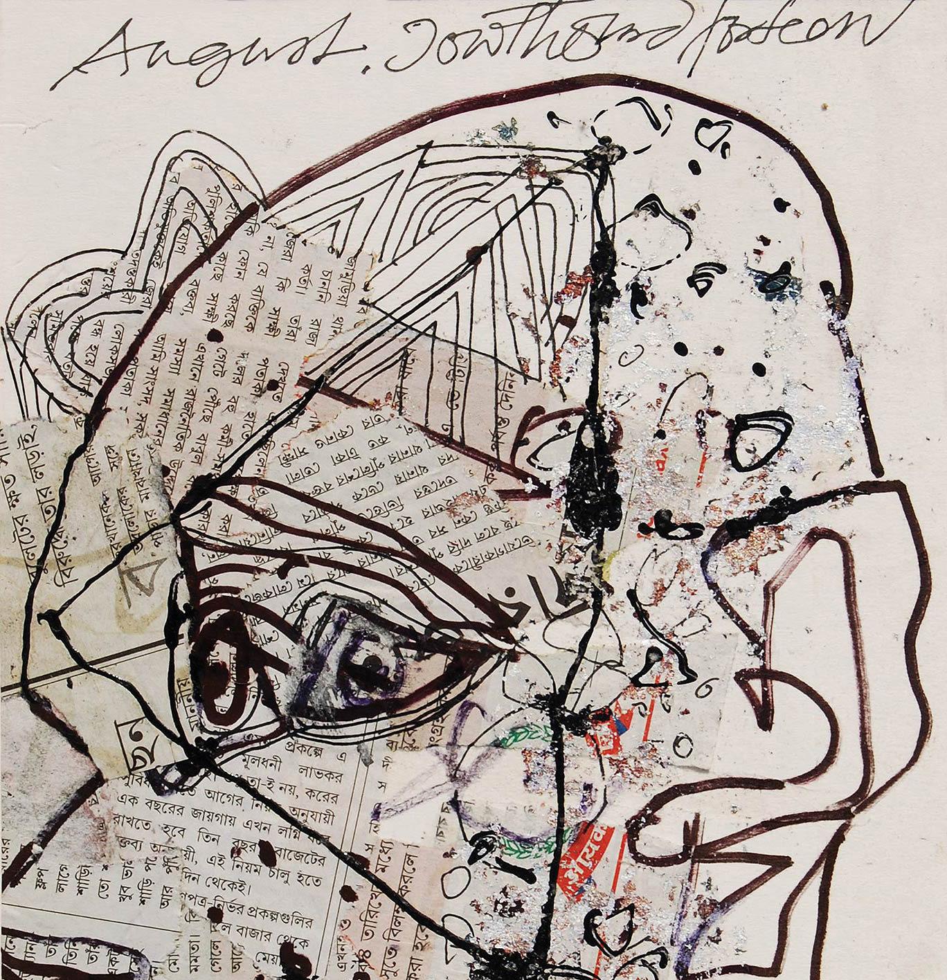 Sunil Das - Head - 8.75 x 6.5 inches (unframed size)
Acrylic, Newspaper, Pigments, Ink on Board
Inclusive of shipment in ready to hang form.

Sunil Das (1939-2015) was a Master Modern Indian Artist from Bengal. Extremely successful right from his