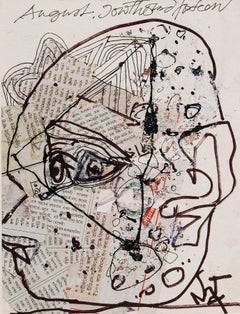 Head, Acrylic, Newspaper, Pigments, Ink on Board, Black, White  "In Stock"
