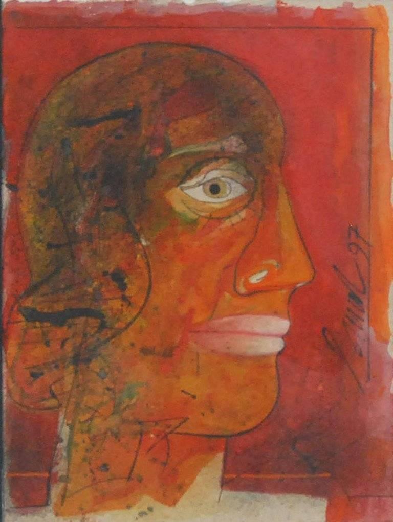 Sunil Das Figurative Painting - Head I, Head series of 80's and 90's, Mixed Media, Red, Black, White"In Stock"