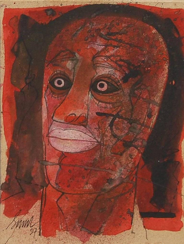 Testa II, Serie di teste degli anni '80 e '90, Tecnica mista, Rosso, Nero, Rosa "In magazzino" - Mixed Media Art di Sunil Das