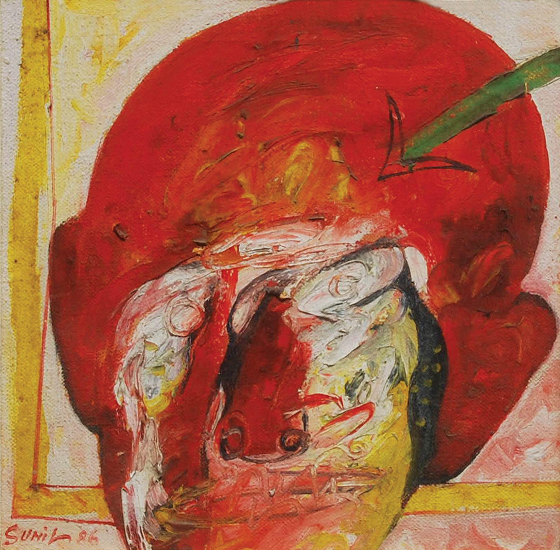 Head I, Mixed Media on Board, Red, Green, Yellow by Indian Artist "In Stock"