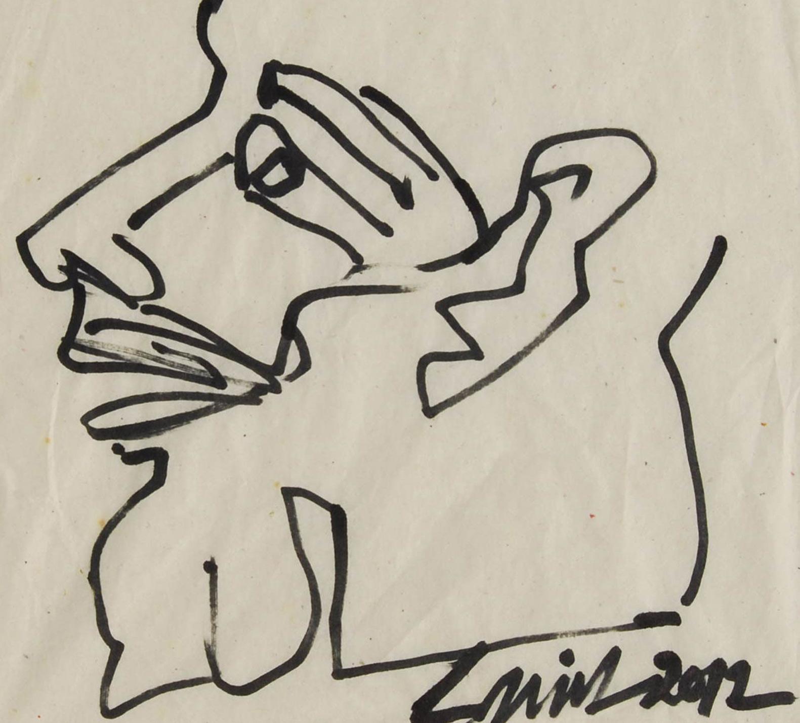 Testa, Inchiostro su carta Conte, Nero, Grigio dell'artista indiano Sunil Das 