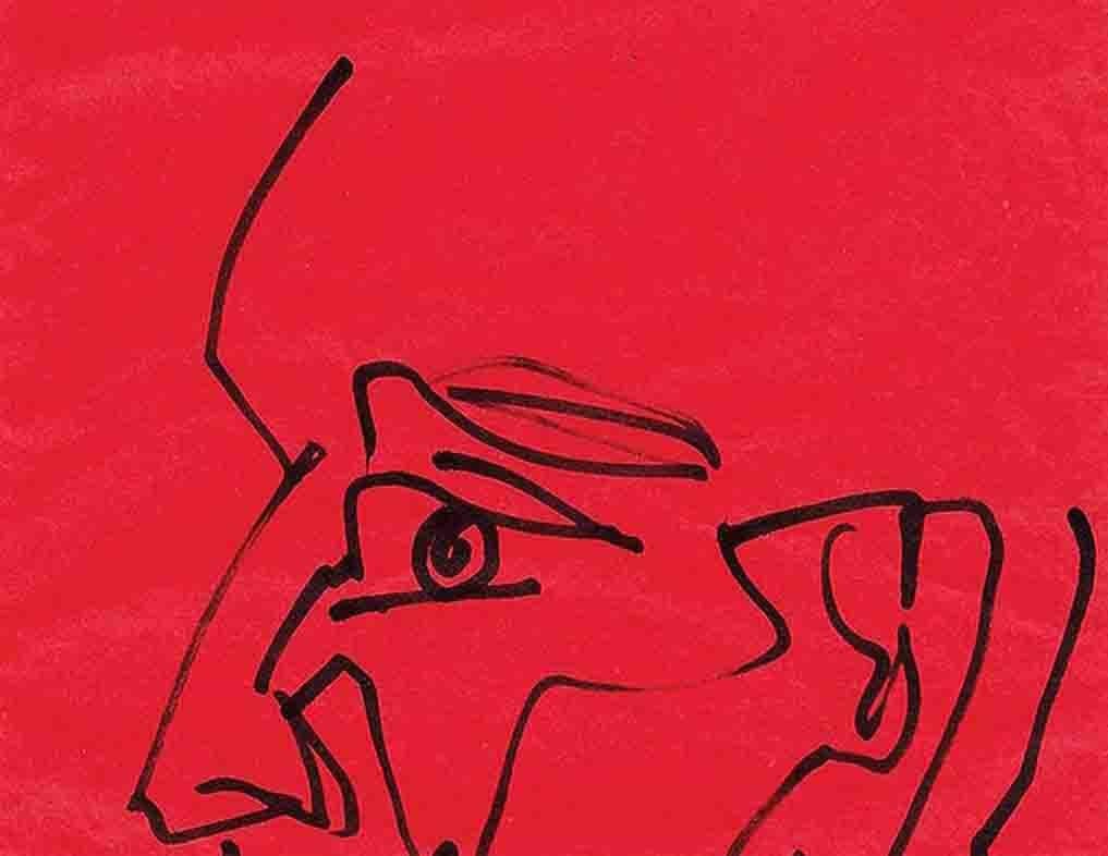 Testa, Penna e Inchiostro su carta colorata, Rosso, Nero di Artista Indiano 