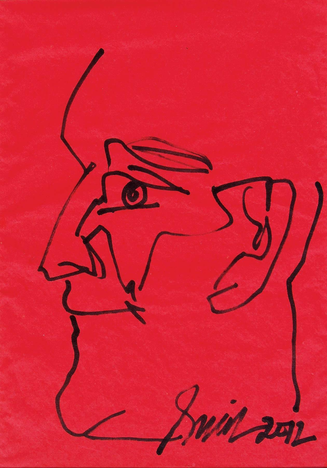 Sunil Das Figurative Painting - Head, Pen & Ink on Coloured Paper, Red, Black by Indian Artist "In Stock"