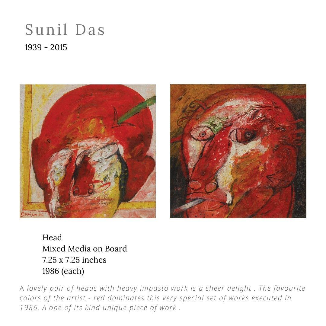 Head Series, Mixed Media on Board (Set of 2) by Indian Artist "In Stock" - Mixed Media Art by Sunil Das