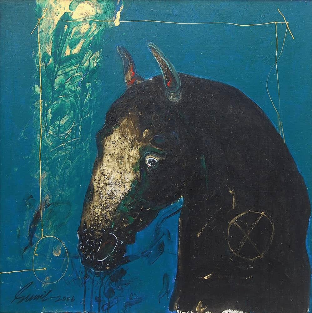 Sunil Das Animal Painting - Horse, Acrylic & Oil on canvas, Blue, Green by Indian Modern Artist "In Stock"