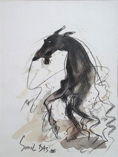 Horse, Charcoal on Paper, Black, White colors by Modern Indian Artist "In Stock"
