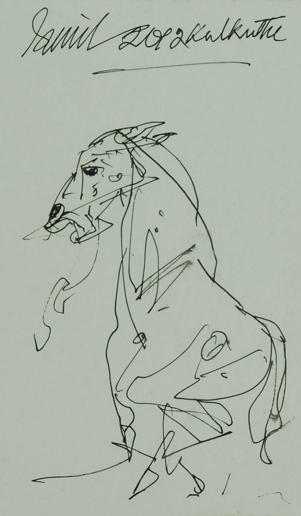 Caballo, Dibujo, Tinta sobre papel, Negro, Gris por el artista indio Sunil Das "En Stock"