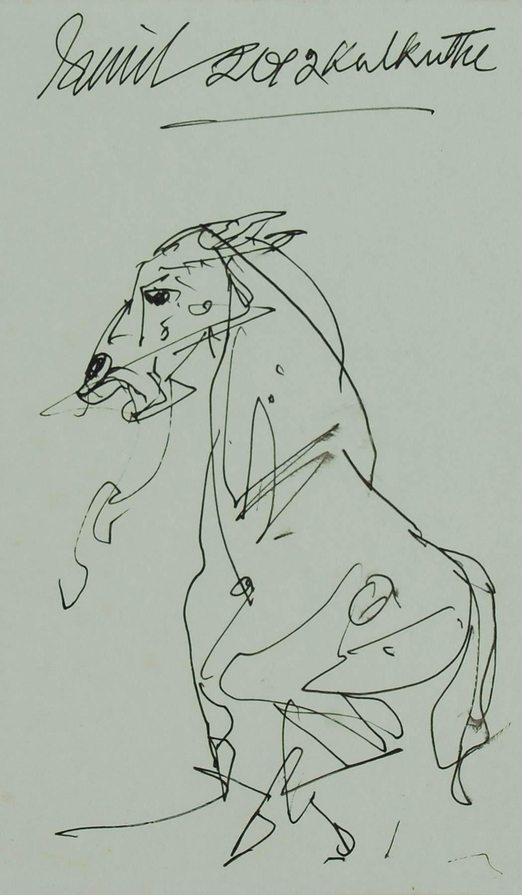 Cheval, dessin, encre sur papier, noir, gris par l'artiste indien Sunil Das "En stock"