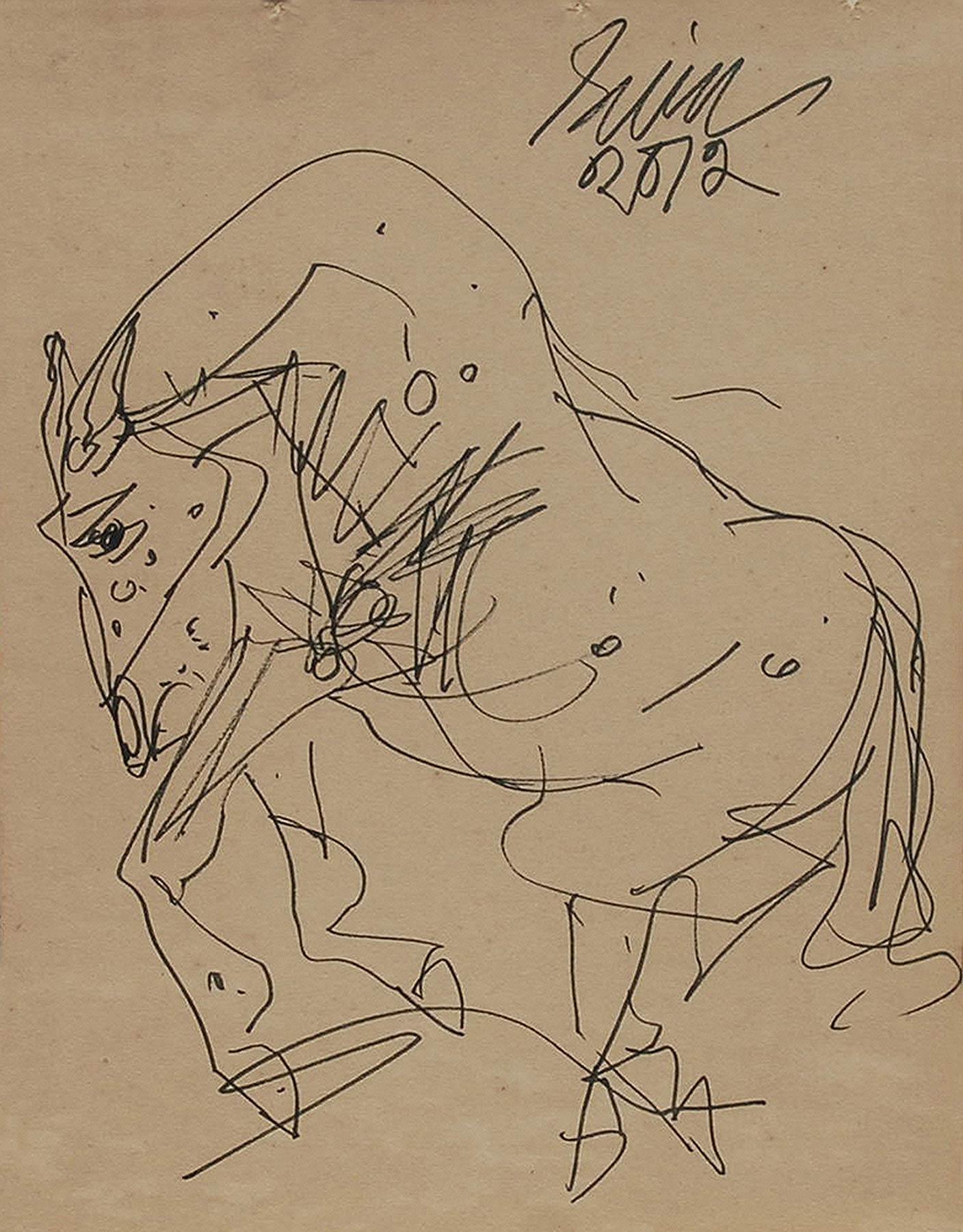 Horse, Drawing, Ink on Paper, Brown, Black by Modern Indian Artist "In Stock"