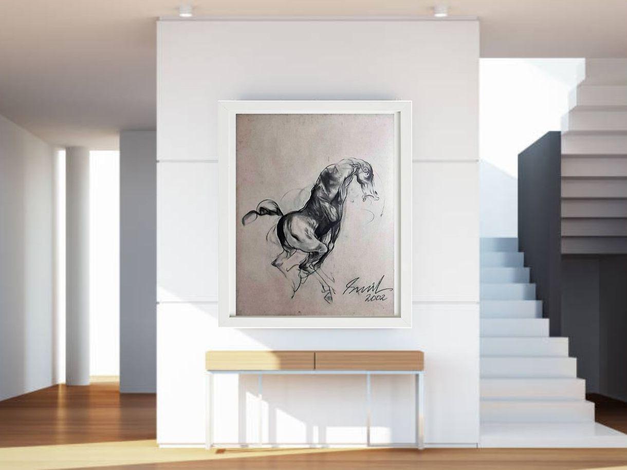 Pferd, figurativ, Holzkohle auf Leinwand, Schwarz von Künstler Sunil Das „Auf Lager“ im Angebot 1