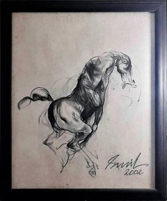 Pferd, figurativ, Holzkohle auf Leinwand, Schwarz von Künstler Sunil Das „Auf Lager“