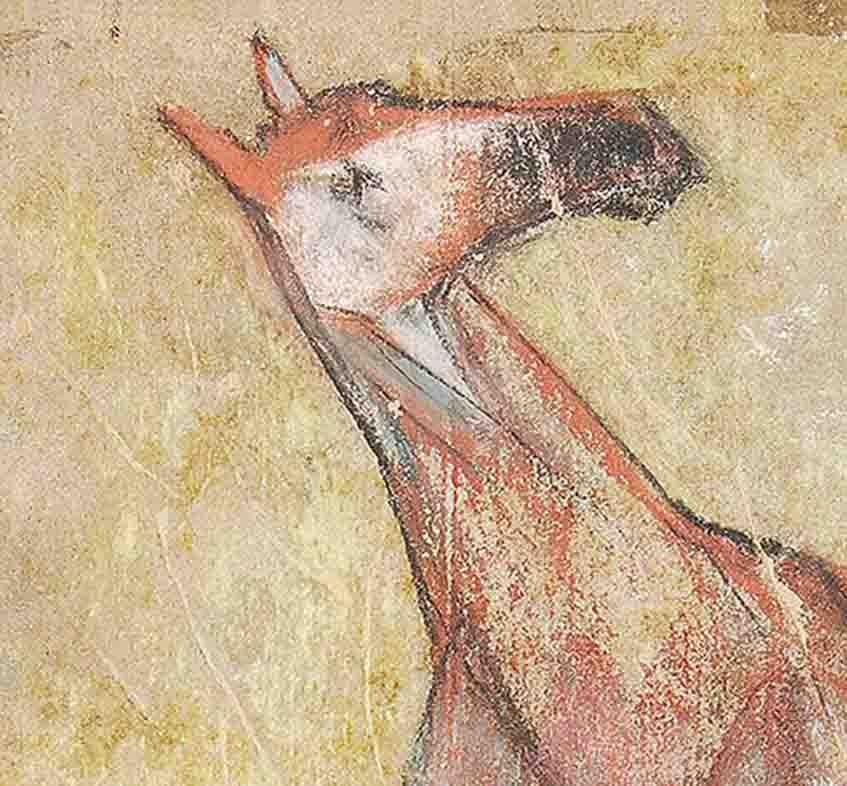 Horse I, Pastell auf Sandpapier, Braun, Rot, Grün, Blau von Indian Artist „Auf Lager““ – Painting von Sunil Das