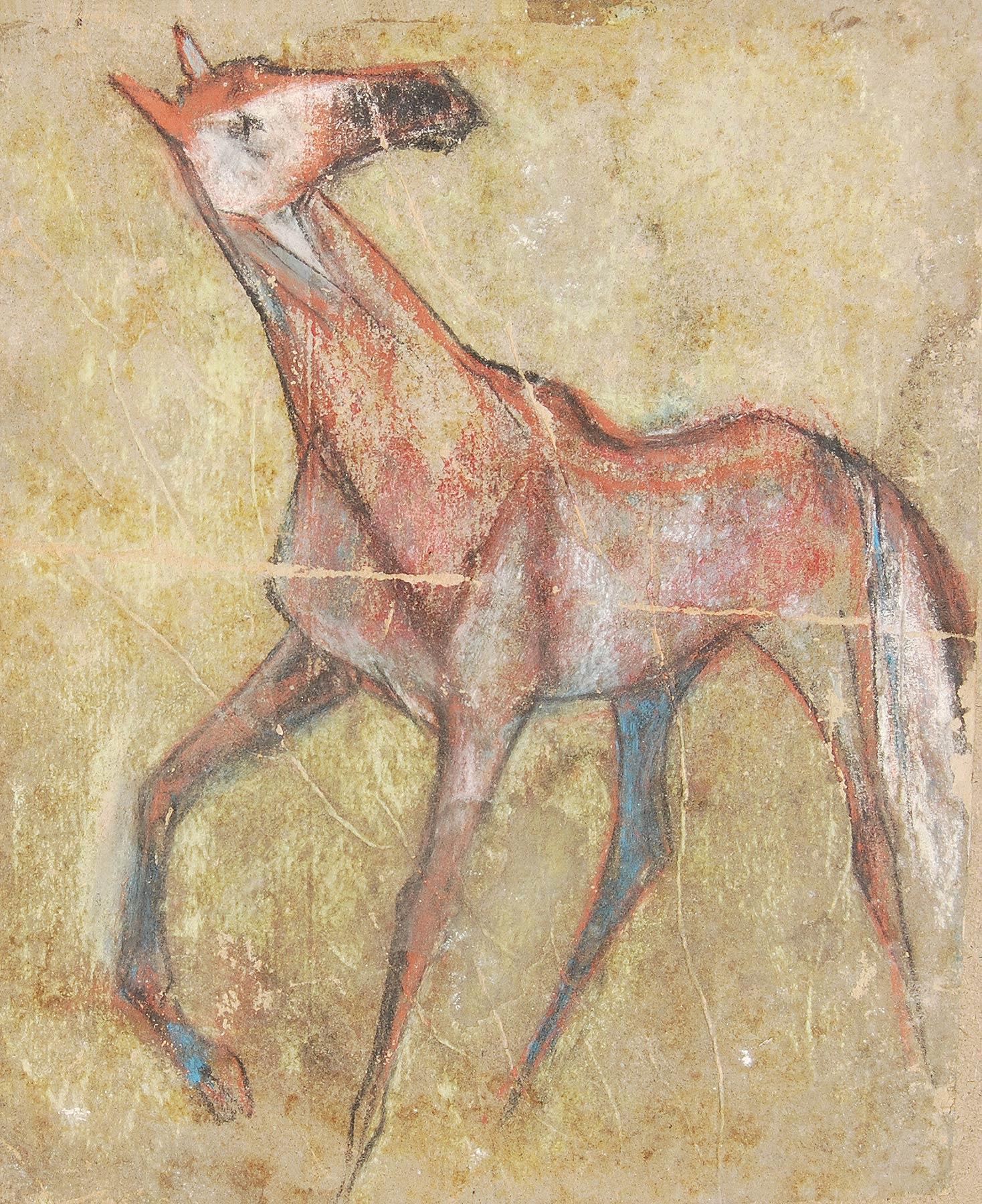 Sunil Das Animal Painting – Horse I, Pastell auf Sandpapier, Braun, Rot, Grün, Blau von Indian Artist „Auf Lager““