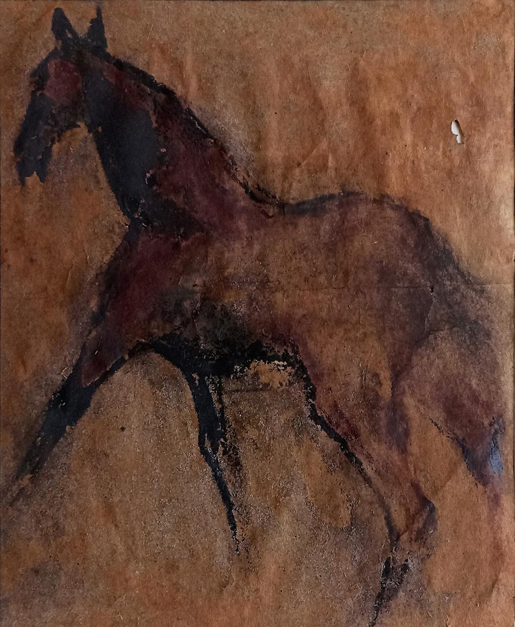 Sunil Das - Altes Pferd 
11 x 9 Zoll (ungerahmt) 18 x 16 (voraussichtlich gerahmt)  
Pastell auf Sandpapier
CIRCA, 1958
( Gerahmt geliefert )

Ein sehr altes, einzigartiges und seltenes Werk des Meisterkünstlers für Arbeiten während seiner