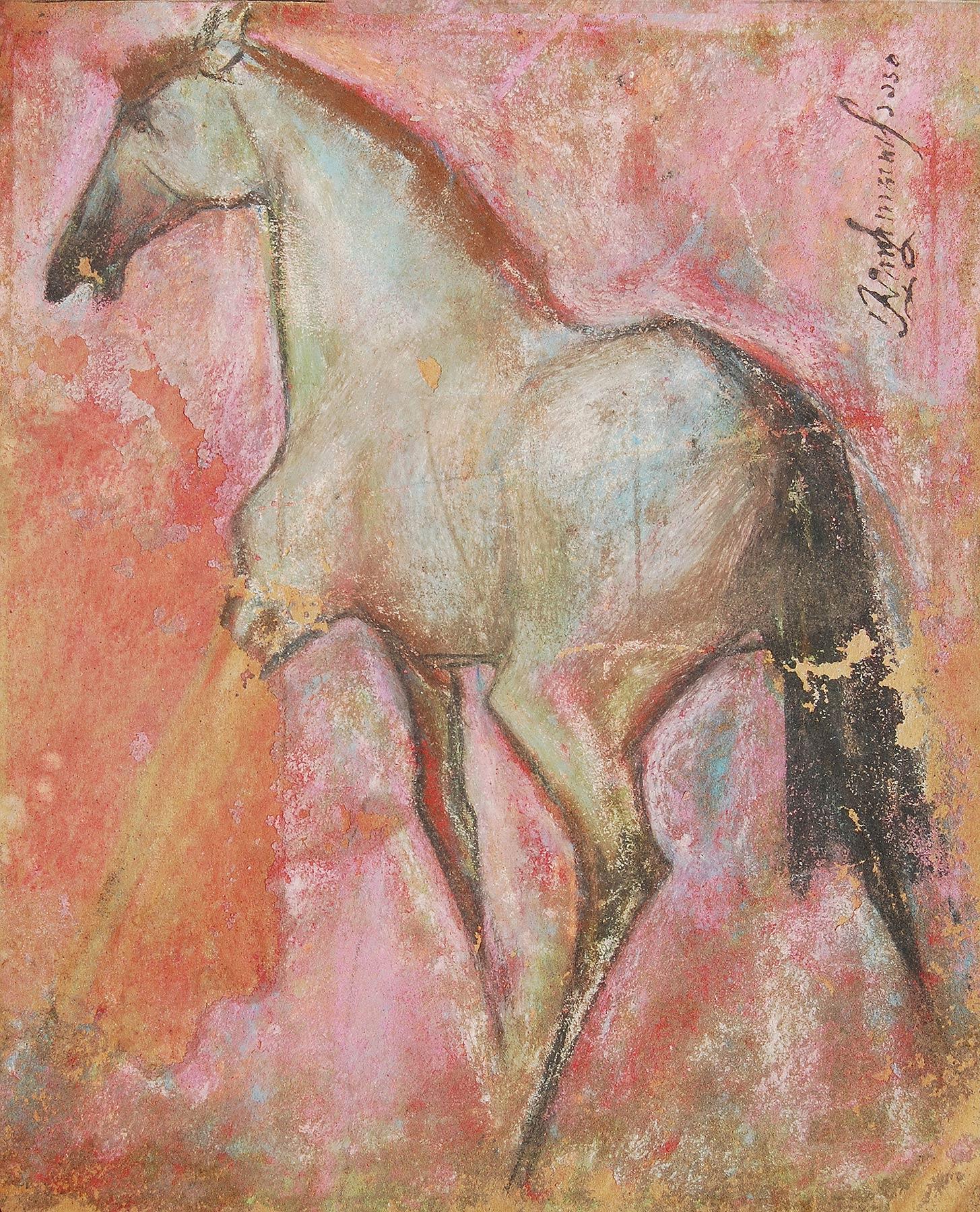 Horse II, Pastell auf Sandpapier, Rot, Rosa, Braun, Blau von Sunil Das „“Auf Lager“