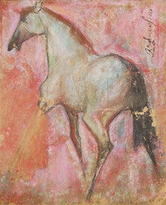 Horse II, Pastel sur papier de sable, rouge, rose, marron, bleu par Sunil Das « En stock »