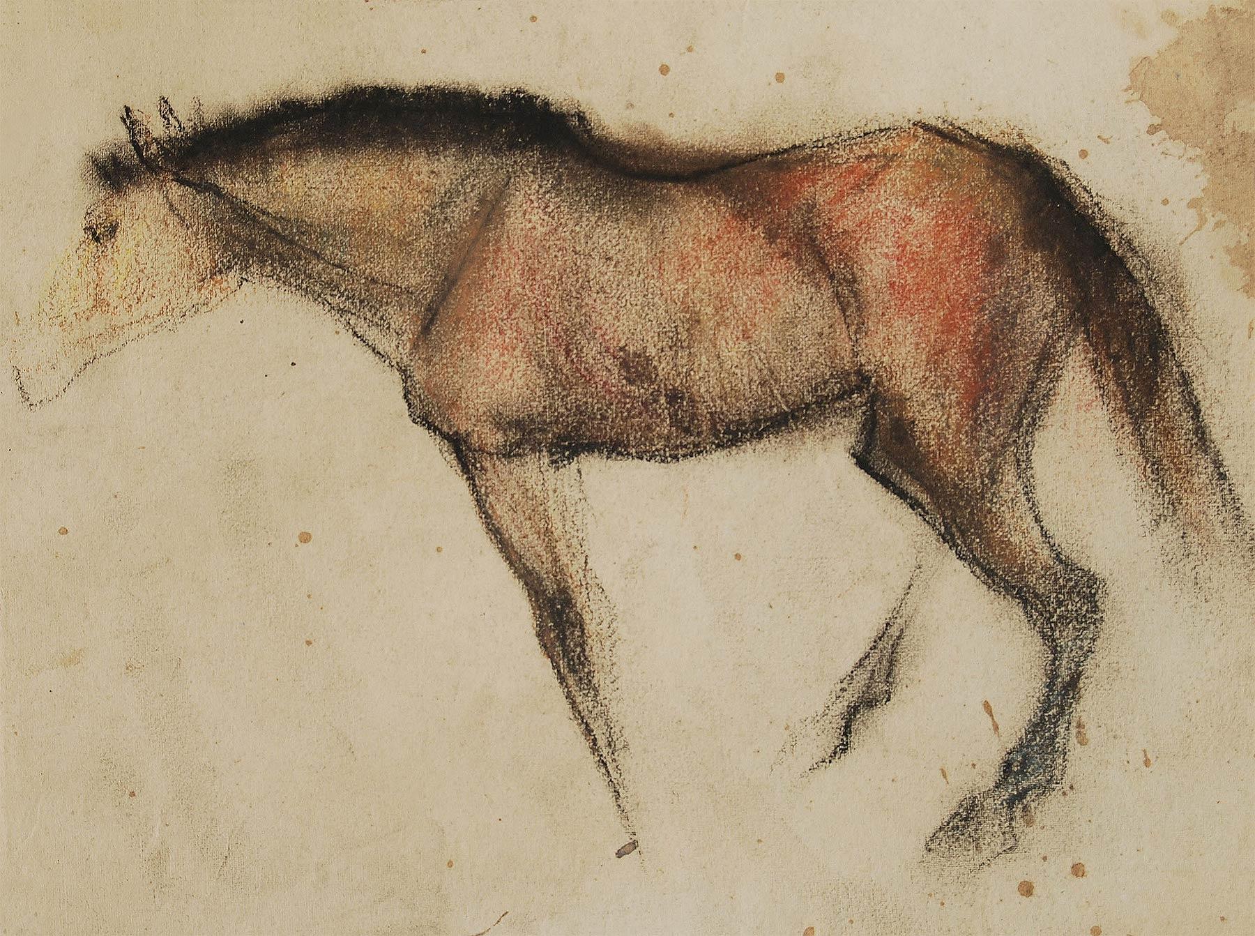 Sunil Das Animal Painting – Horse IV, Pastellfarbenes Pastell auf Papier, braun, rot, schwarz von indischer Künstler, „Auf Lager“