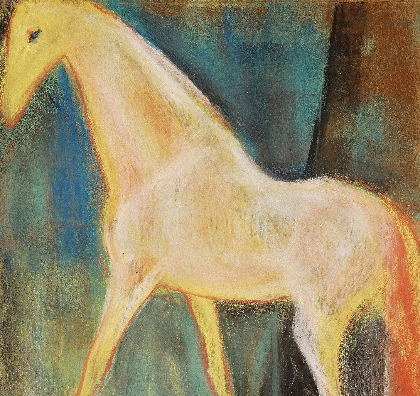 Horse, Pastel on sand paper, Red, Green, Blue, Yellow by Indian Artist