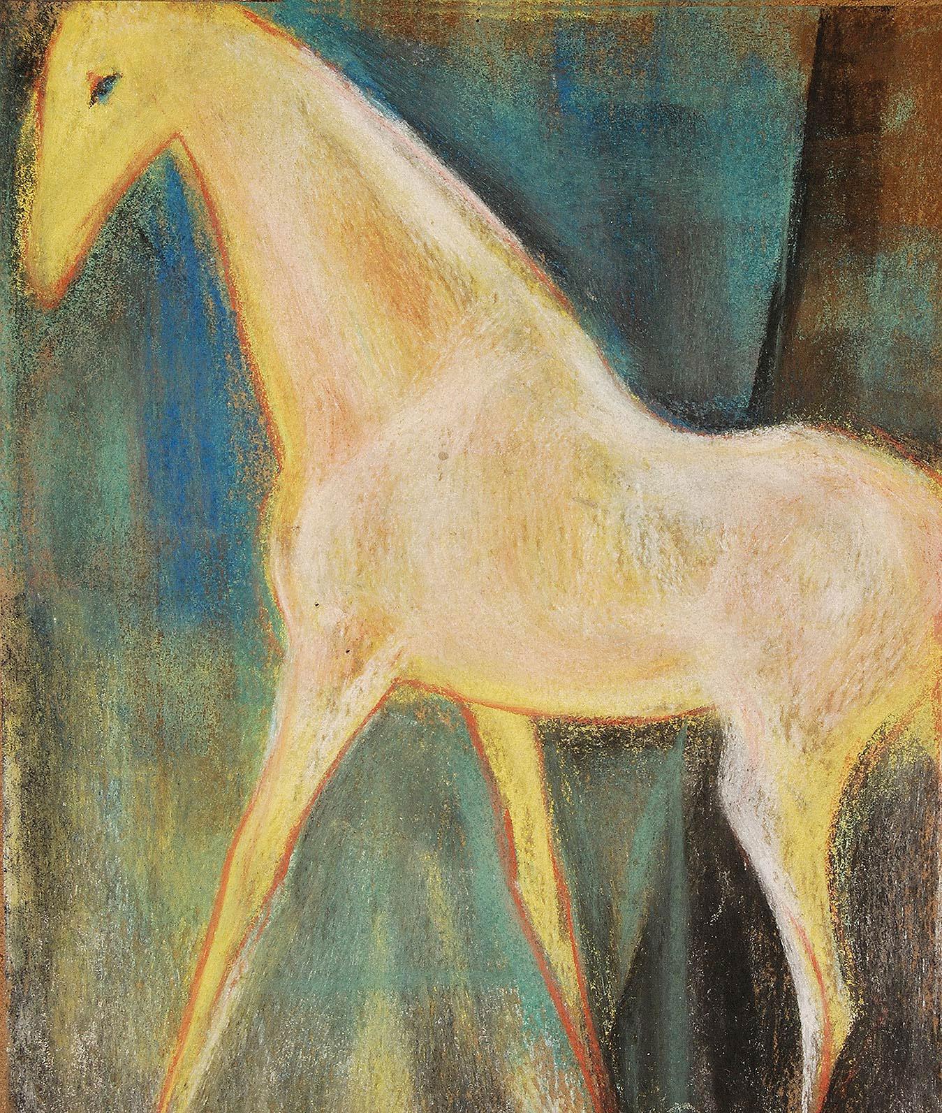 Pferdepferd, Pastell auf Sandpapier, Rot, Grün, Blau, Gelb von indischem Künstler, „Auf Lager““ (Moderne), Painting, von Sunil Das