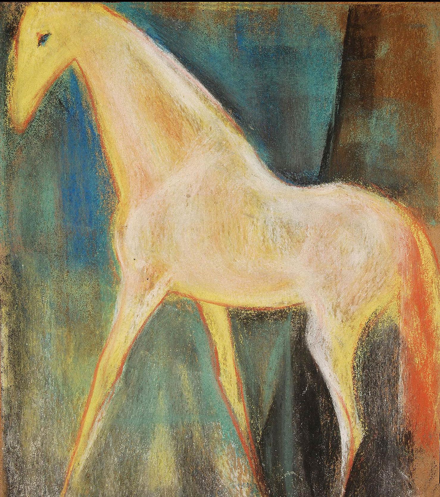 Pferdepferd, Pastell auf Sandpapier, Rot, Grün, Blau, Gelb von indischem Künstler, „Auf Lager““ im Angebot 1