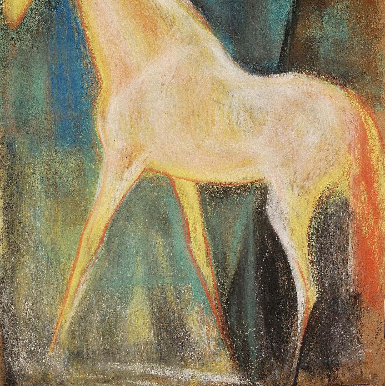 Horse, Pastel on sand paper, Red, Green, Blue, Yellow by Indian Artist
