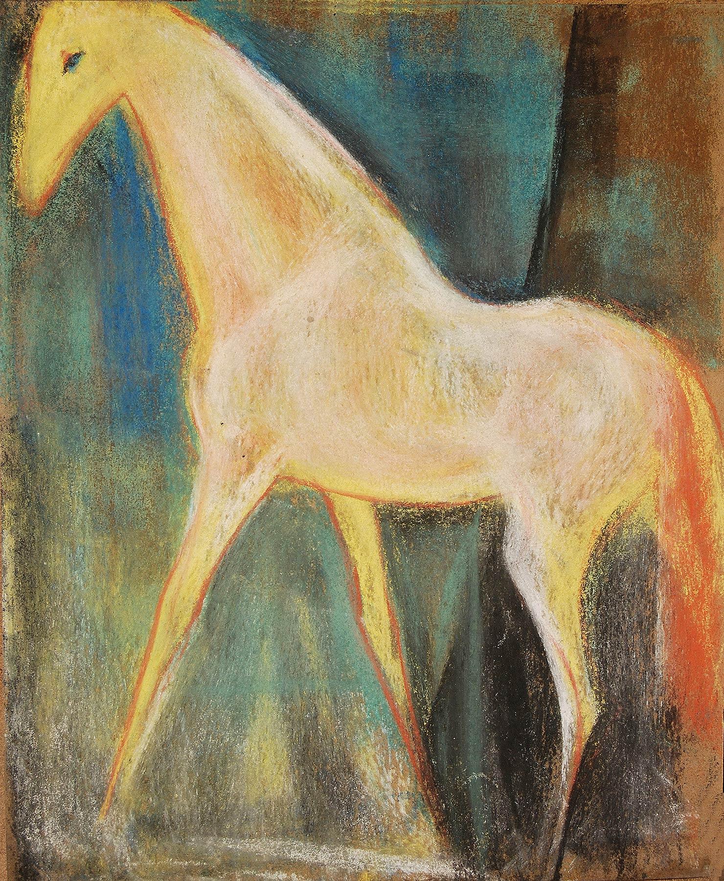 Sunil Das Animal Painting – Pferdepferd, Pastell auf Sandpapier, Rot, Grün, Blau, Gelb von indischem Künstler, „Auf Lager““