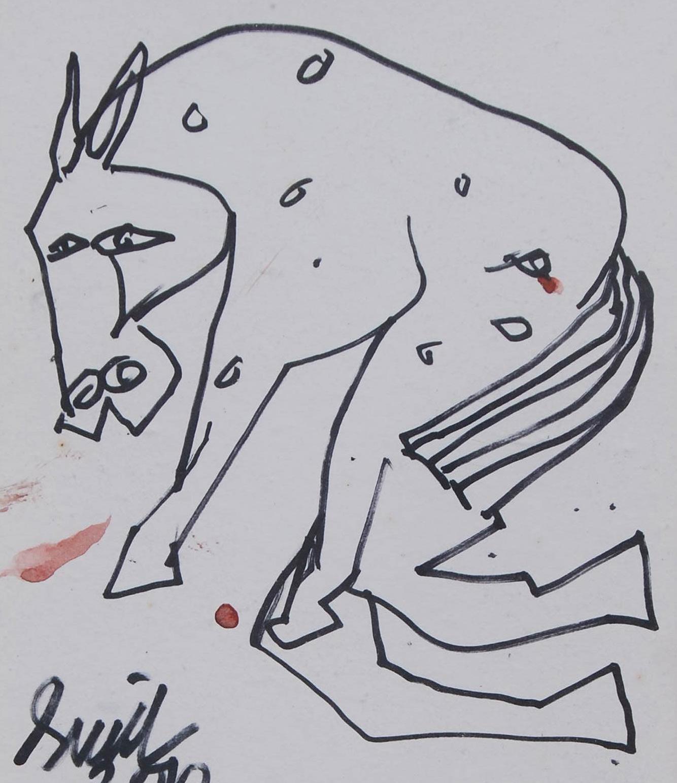Cavallo, Penna e inchiostro su carta, Bianco e Nero di un artista indiano moderno 