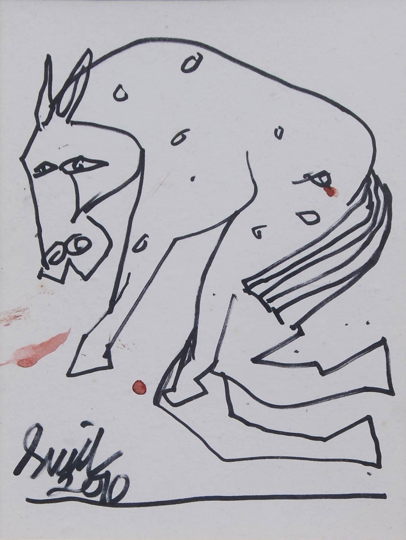 Cheval, stylo et encre sur papier, noir et blanc par l'artiste indien moderne « en stock »