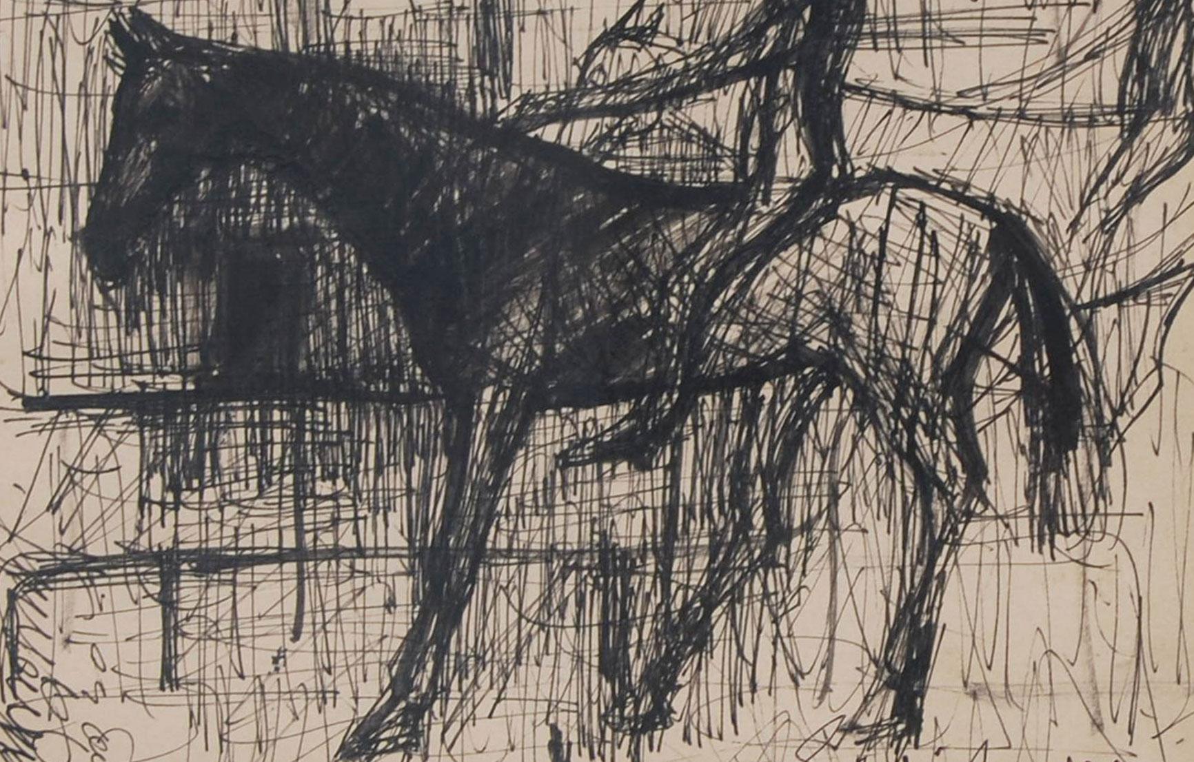 Horse rider, Ink on paper, Black by Indian Artist Sunil Das 