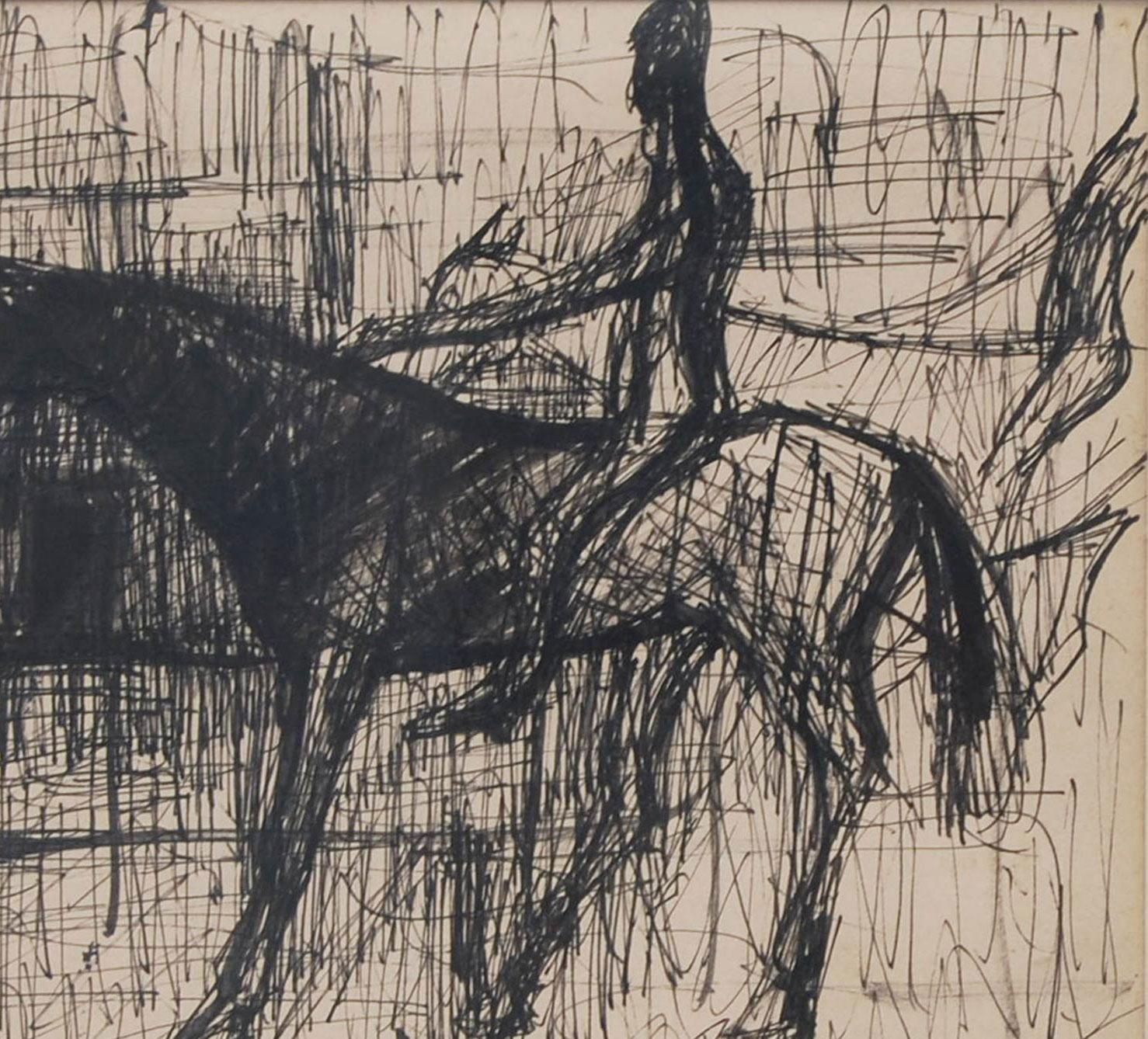 Horse rider, Ink on paper, Black by Indian Artist Sunil Das 