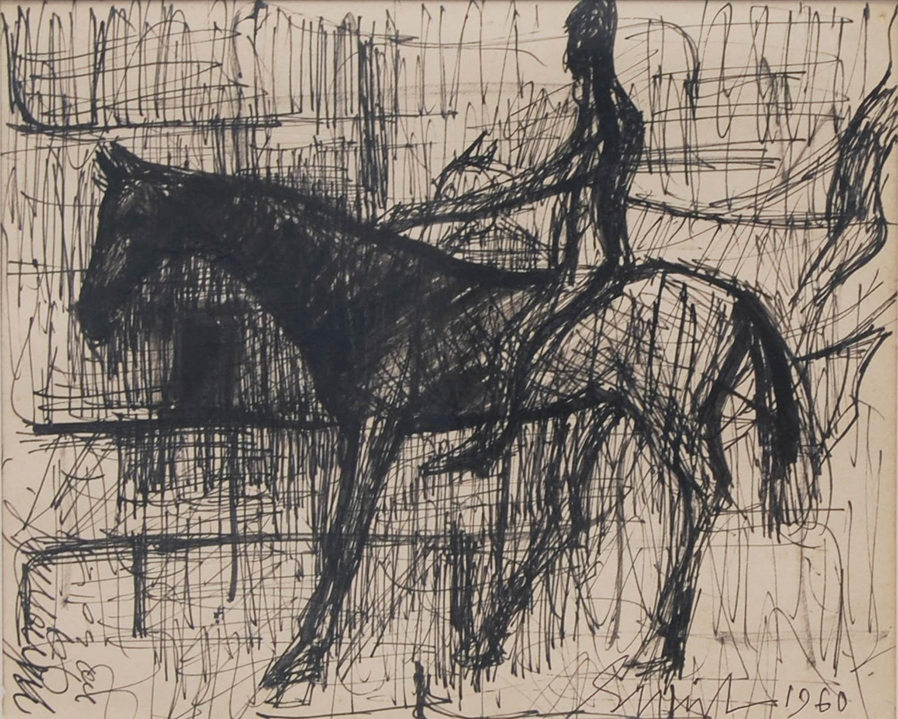 Horse rider, Ink on paper, Black by Indian Artist Sunil Das "In Stock"